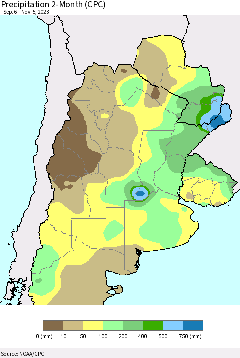 Southern South America Precipitation 2-Month (CPC) Thematic Map For 9/6/2023 - 11/5/2023