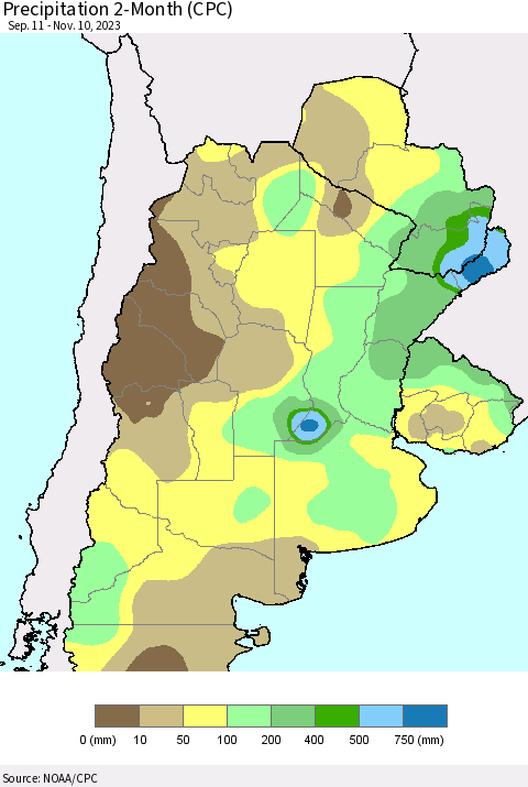 Southern South America Precipitation 2-Month (CPC) Thematic Map For 9/11/2023 - 11/10/2023