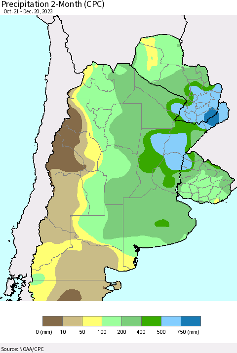 Southern South America Precipitation 2-Month (CPC) Thematic Map For 10/21/2023 - 12/20/2023
