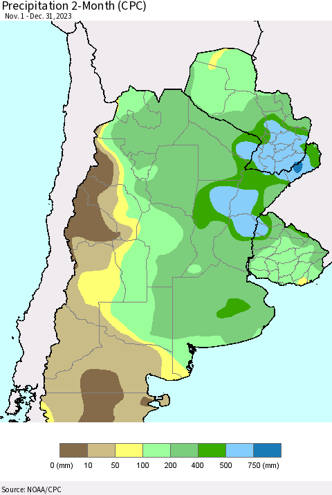 Southern South America Precipitation 2-Month (CPC) Thematic Map For 11/1/2023 - 12/31/2023