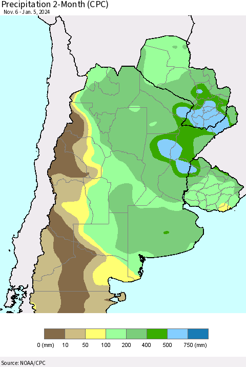 Southern South America Precipitation 2-Month (CPC) Thematic Map For 11/6/2023 - 1/5/2024