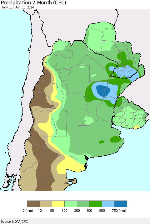 Southern South America Precipitation 2-Month (CPC) Thematic Map For 11/11/2023 - 1/10/2024