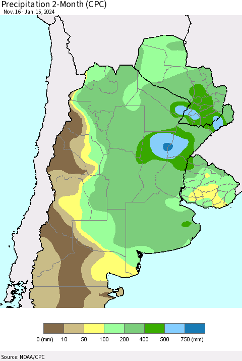 Southern South America Precipitation 2-Month (CPC) Thematic Map For 11/16/2023 - 1/15/2024