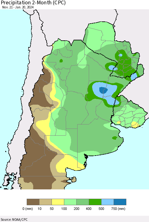 Southern South America Precipitation 2-Month (CPC) Thematic Map For 11/21/2023 - 1/20/2024