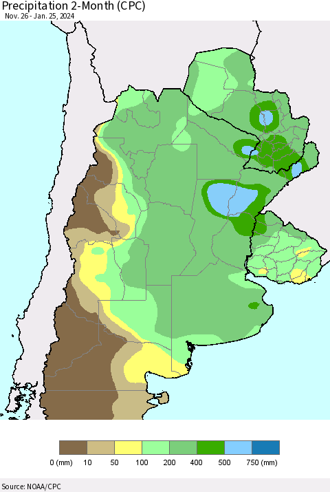 Southern South America Precipitation 2-Month (CPC) Thematic Map For 11/26/2023 - 1/25/2024