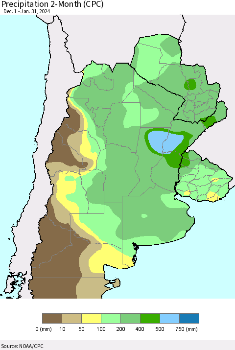 Southern South America Precipitation 2-Month (CPC) Thematic Map For 12/1/2023 - 1/31/2024