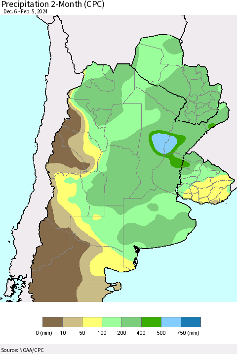 Southern South America Precipitation 2-Month (CPC) Thematic Map For 12/6/2023 - 2/5/2024