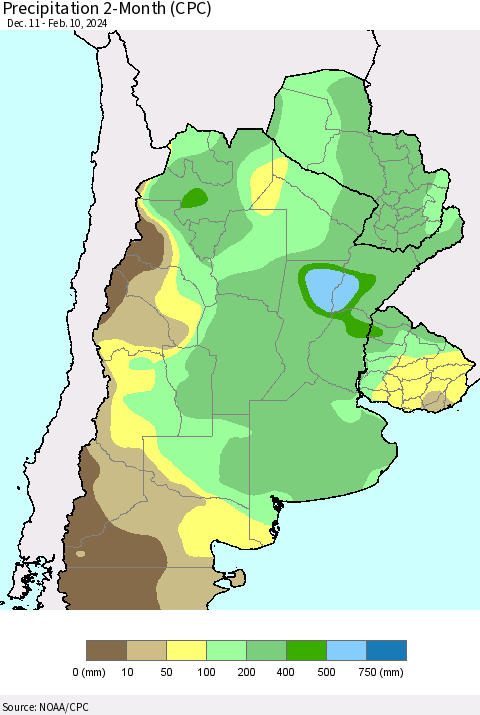 Southern South America Precipitation 2-Month (CPC) Thematic Map For 12/11/2023 - 2/10/2024