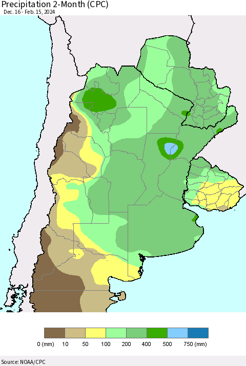 Southern South America Precipitation 2-Month (CPC) Thematic Map For 12/16/2023 - 2/15/2024