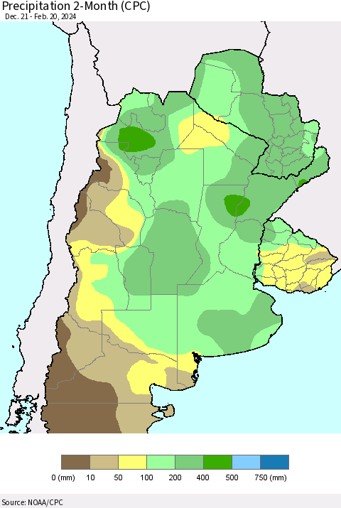 Southern South America Precipitation 2-Month (CPC) Thematic Map For 12/21/2023 - 2/20/2024