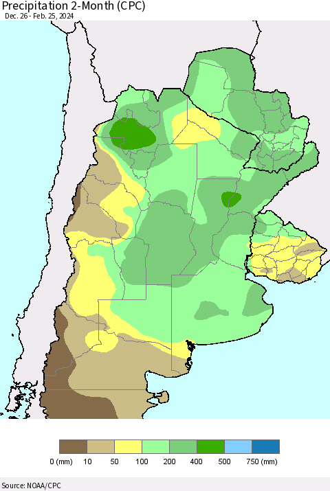 Southern South America Precipitation 2-Month (CPC) Thematic Map For 12/26/2023 - 2/25/2024