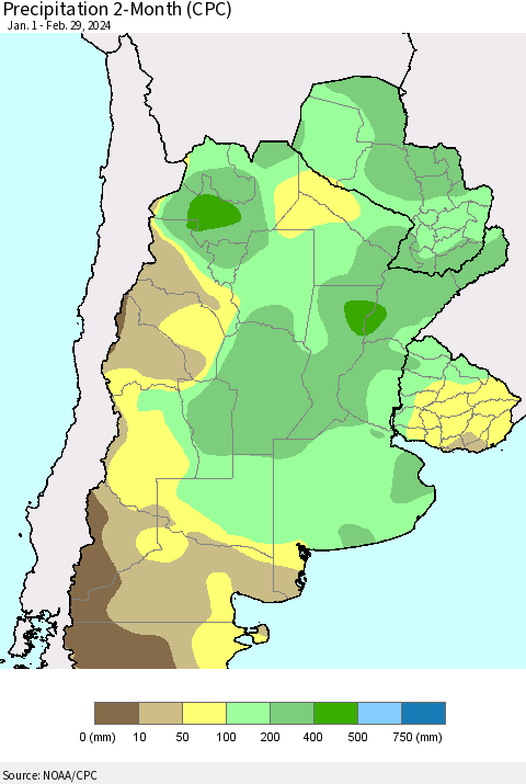Southern South America Precipitation 2-Month (CPC) Thematic Map For 1/1/2024 - 2/29/2024