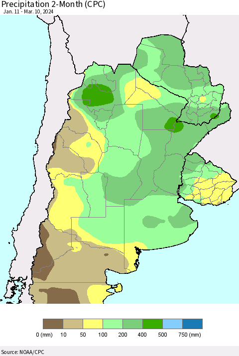 Southern South America Precipitation 2-Month (CPC) Thematic Map For 1/11/2024 - 3/10/2024