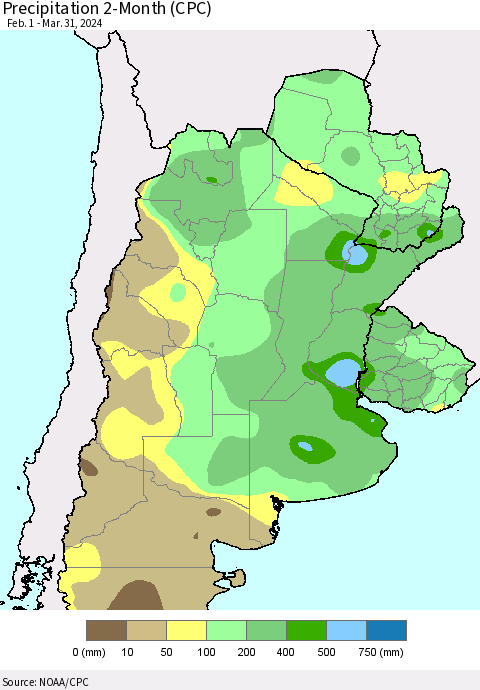 Southern South America Precipitation 2-Month (CPC) Thematic Map For 2/1/2024 - 3/31/2024
