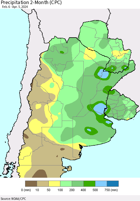 Southern South America Precipitation 2-Month (CPC) Thematic Map For 2/6/2024 - 4/5/2024