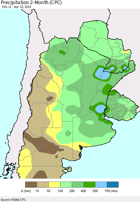 Southern South America Precipitation 2-Month (CPC) Thematic Map For 2/11/2024 - 4/10/2024