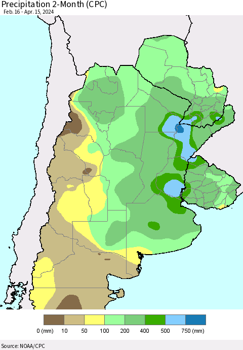 Southern South America Precipitation 2-Month (CPC) Thematic Map For 2/16/2024 - 4/15/2024