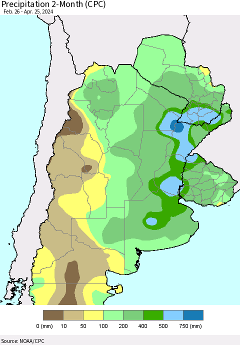 Southern South America Precipitation 2-Month (CPC) Thematic Map For 2/26/2024 - 4/25/2024