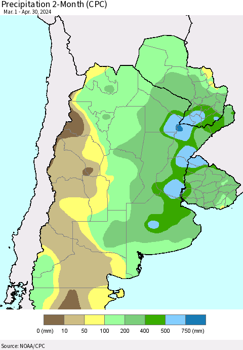 Southern South America Precipitation 2-Month (CPC) Thematic Map For 3/1/2024 - 4/30/2024