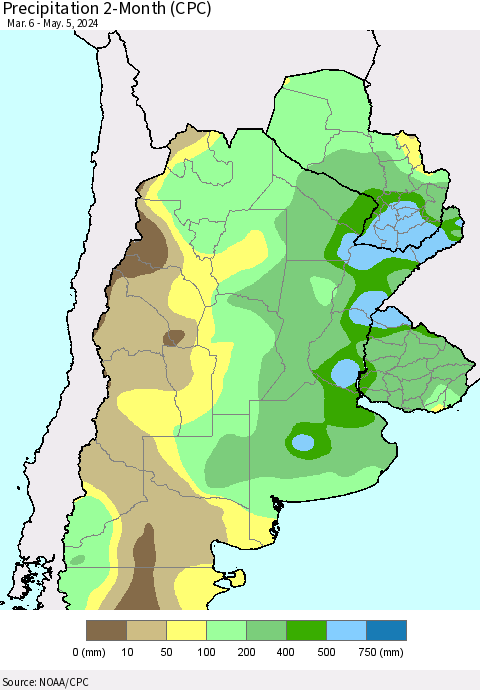 Southern South America Precipitation 2-Month (CPC) Thematic Map For 3/6/2024 - 5/5/2024