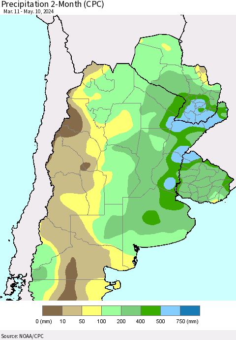 Southern South America Precipitation 2-Month (CPC) Thematic Map For 3/11/2024 - 5/10/2024