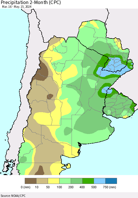 Southern South America Precipitation 2-Month (CPC) Thematic Map For 3/16/2024 - 5/15/2024
