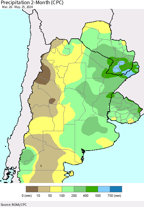 Southern South America Precipitation 2-Month (CPC) Thematic Map For 3/26/2024 - 5/25/2024