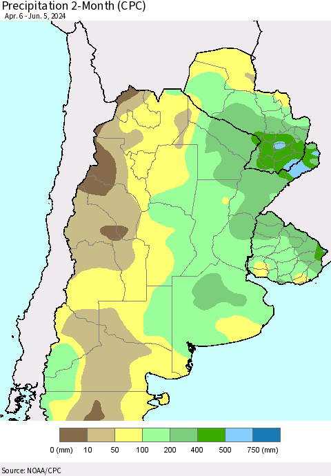 Southern South America Precipitation 2-Month (CPC) Thematic Map For 4/6/2024 - 6/5/2024