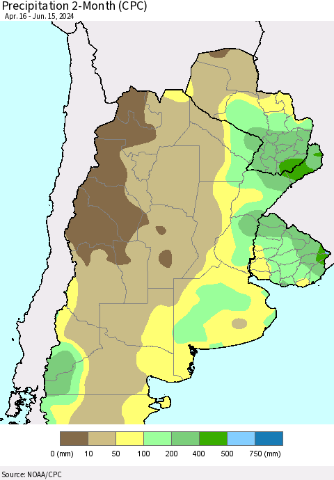 Southern South America Precipitation 2-Month (CPC) Thematic Map For 4/16/2024 - 6/15/2024