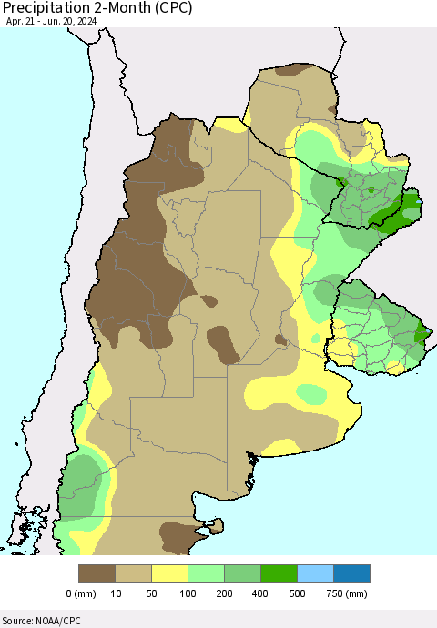 Southern South America Precipitation 2-Month (CPC) Thematic Map For 4/21/2024 - 6/20/2024