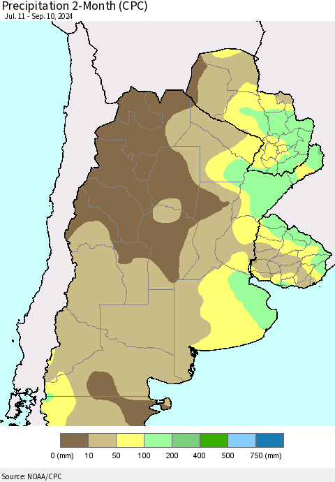 Southern South America Precipitation 2-Month (CPC) Thematic Map For 7/11/2024 - 9/10/2024