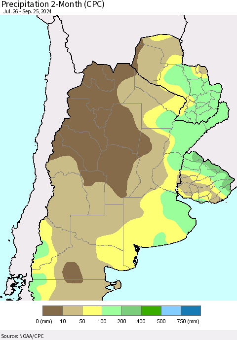 Southern South America Precipitation 2-Month (CPC) Thematic Map For 7/26/2024 - 9/25/2024