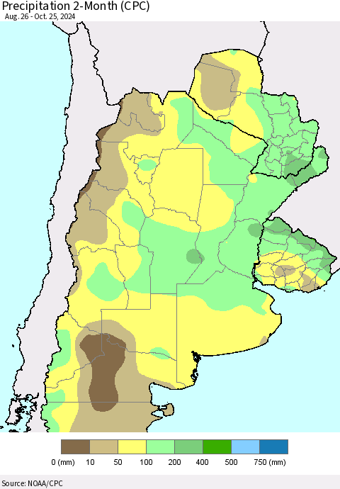 Southern South America Precipitation 2-Month (CPC) Thematic Map For 8/26/2024 - 10/25/2024