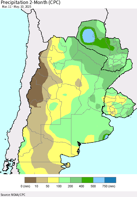 Southern South America Precipitation 2-Month (CPC) Thematic Map For 3/11/2025 - 5/10/2025