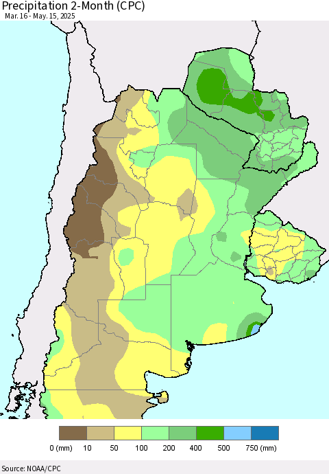Southern South America Precipitation 2-Month (CPC) Thematic Map For 3/16/2025 - 5/15/2025