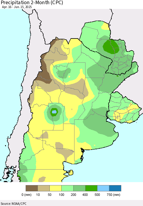 Southern South America Precipitation 2-Month (CPC) Thematic Map For 4/16/2025 - 6/15/2025