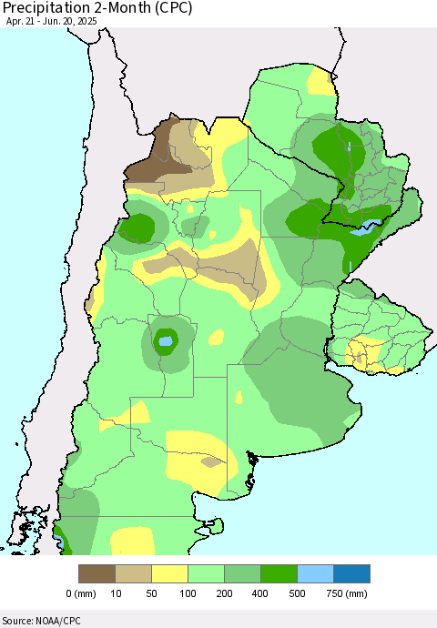 Southern South America Precipitation 2-Month (CPC) Thematic Map For 4/21/2025 - 6/20/2025