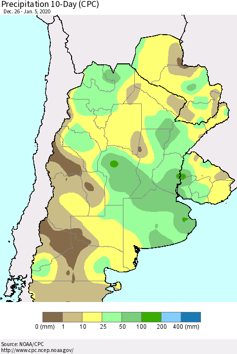 Southern South America Precipitation 10-Day (CPC) Thematic Map For 12/26/2019 - 1/5/2020