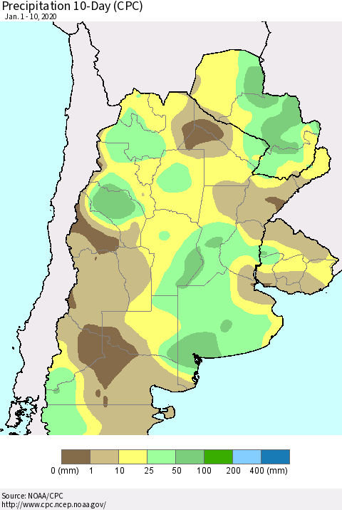 Southern South America Precipitation 10-Day (CPC) Thematic Map For 1/1/2020 - 1/10/2020
