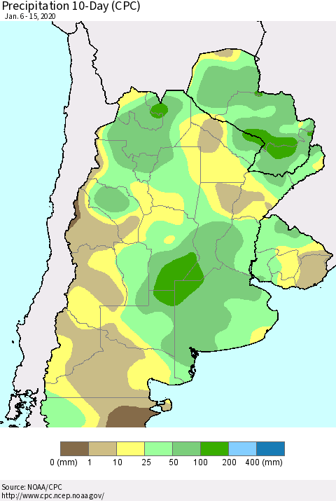 Southern South America Precipitation 10-Day (CPC) Thematic Map For 1/6/2020 - 1/15/2020