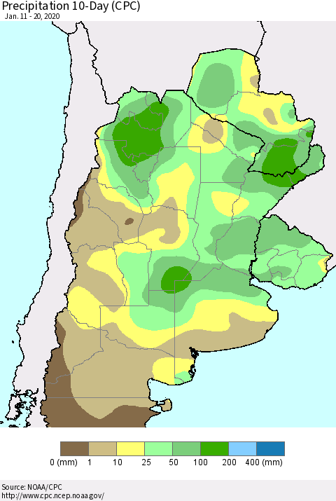 Southern South America Precipitation 10-Day (CPC) Thematic Map For 1/11/2020 - 1/20/2020