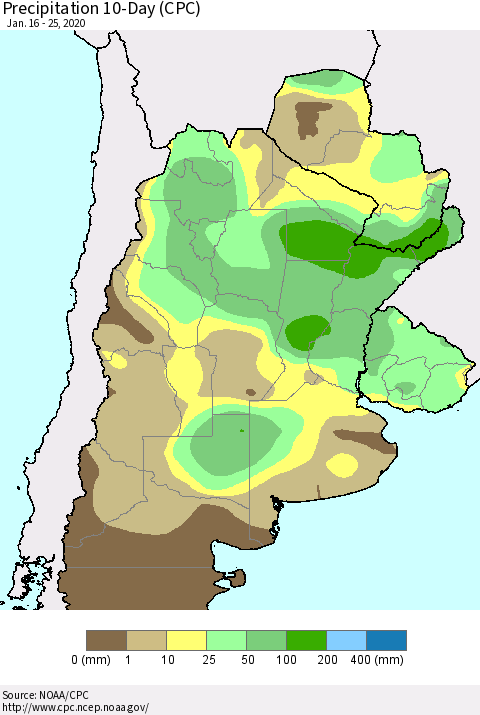 Southern South America Precipitation 10-Day (CPC) Thematic Map For 1/16/2020 - 1/25/2020