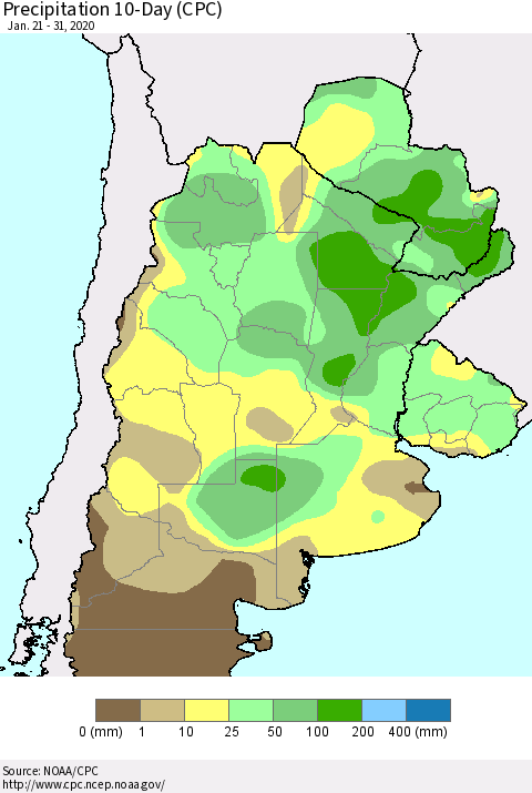 Southern South America Precipitation 10-Day (CPC) Thematic Map For 1/21/2020 - 1/31/2020