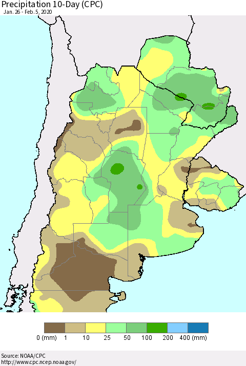 Southern South America Precipitation 10-Day (CPC) Thematic Map For 1/26/2020 - 2/5/2020