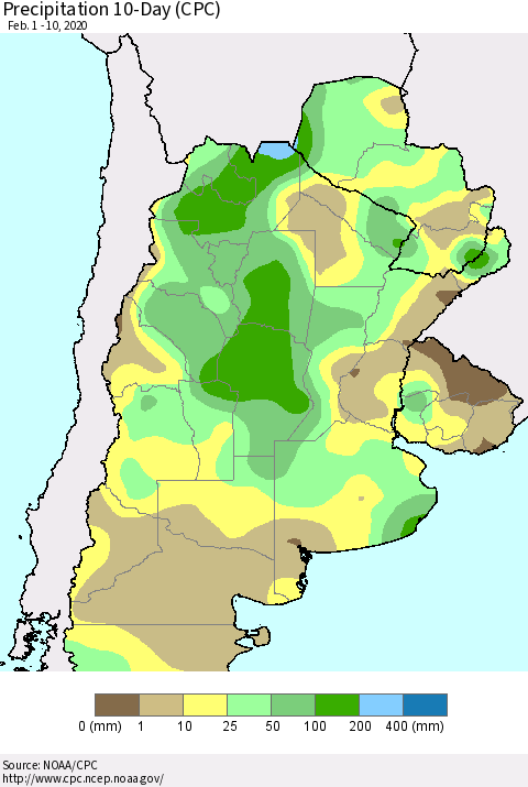 Southern South America Precipitation 10-Day (CPC) Thematic Map For 2/1/2020 - 2/10/2020