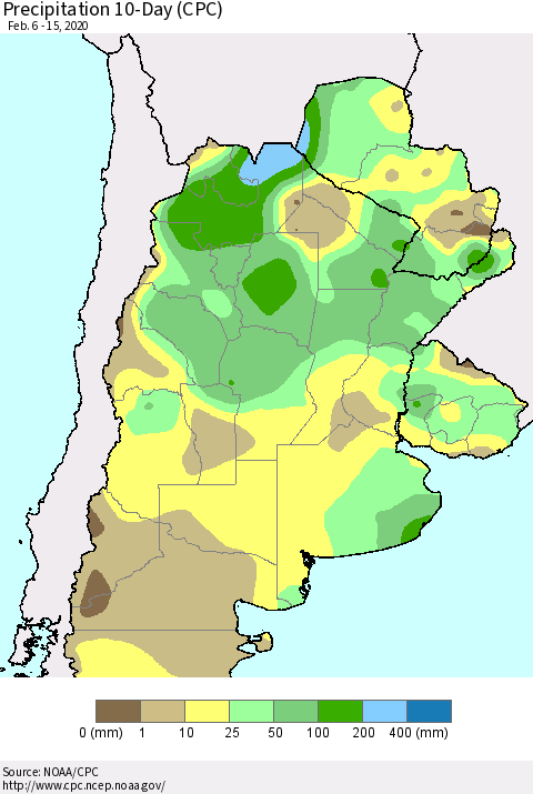 Southern South America Precipitation 10-Day (CPC) Thematic Map For 2/6/2020 - 2/15/2020