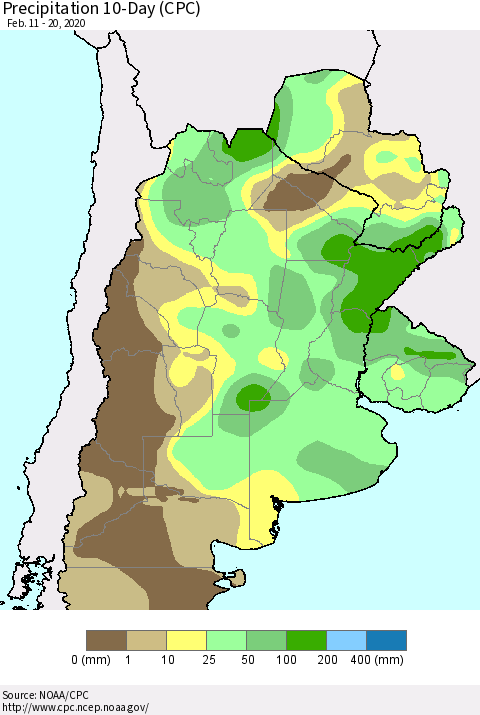 Southern South America Precipitation 10-Day (CPC) Thematic Map For 2/11/2020 - 2/20/2020