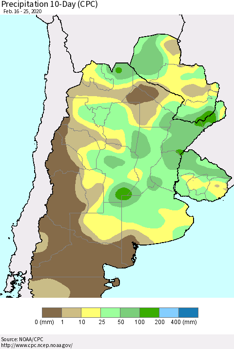 Southern South America Precipitation 10-Day (CPC) Thematic Map For 2/16/2020 - 2/25/2020