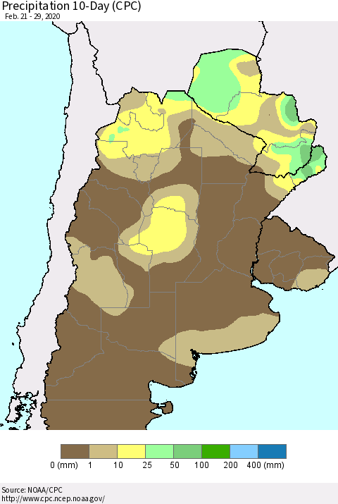 Southern South America Precipitation 10-Day (CPC) Thematic Map For 2/21/2020 - 2/29/2020