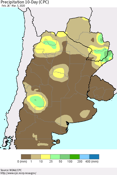 Southern South America Precipitation 10-Day (CPC) Thematic Map For 2/26/2020 - 3/5/2020